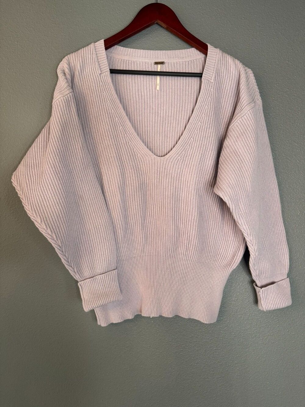 Free People Sweater XL Lavender Gray Ribbed Knit Oversized V Neck Cotton